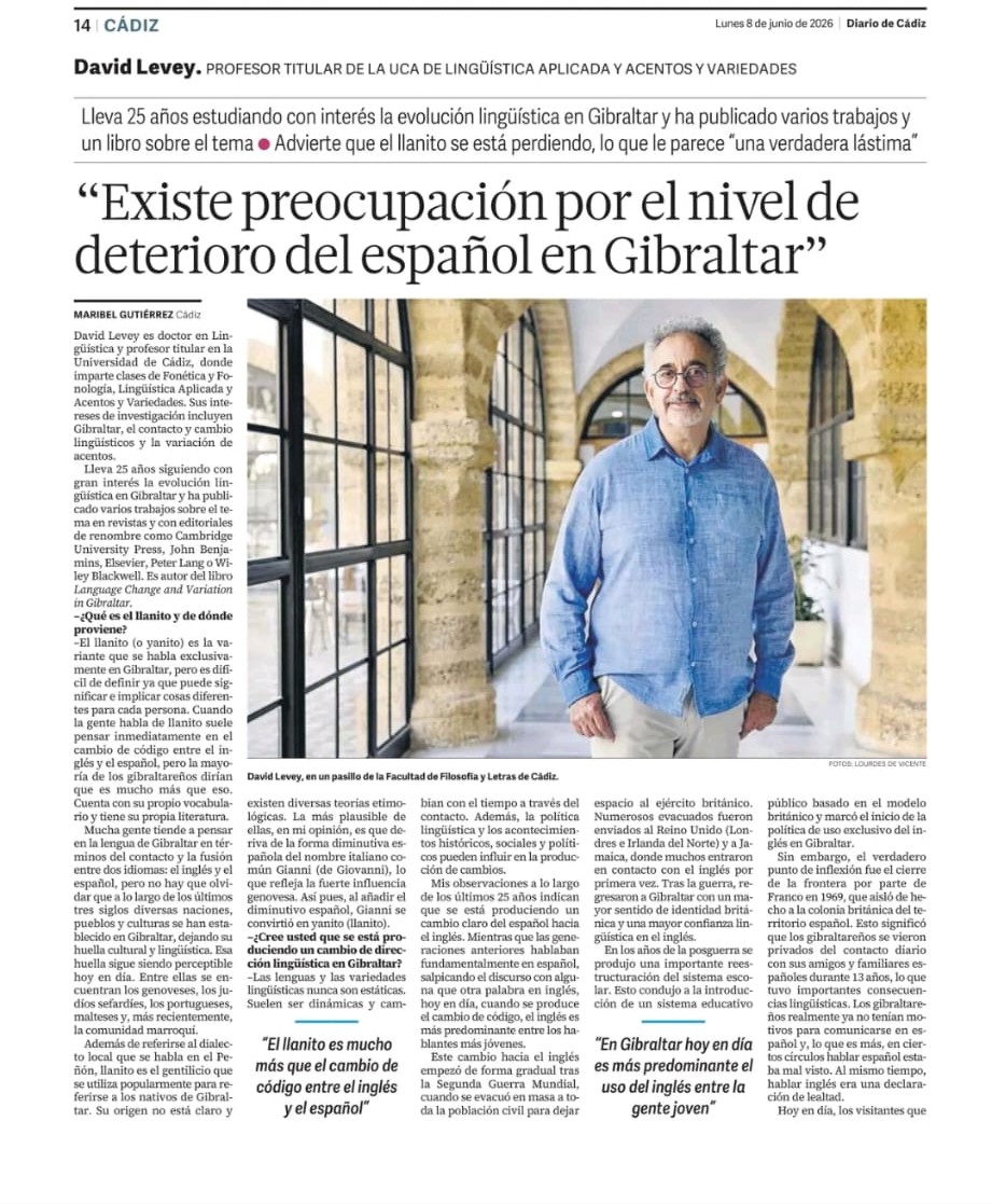 Entrevista a David Levey en Diario de Cádiz sobre la situación lingüística en Gibraltar